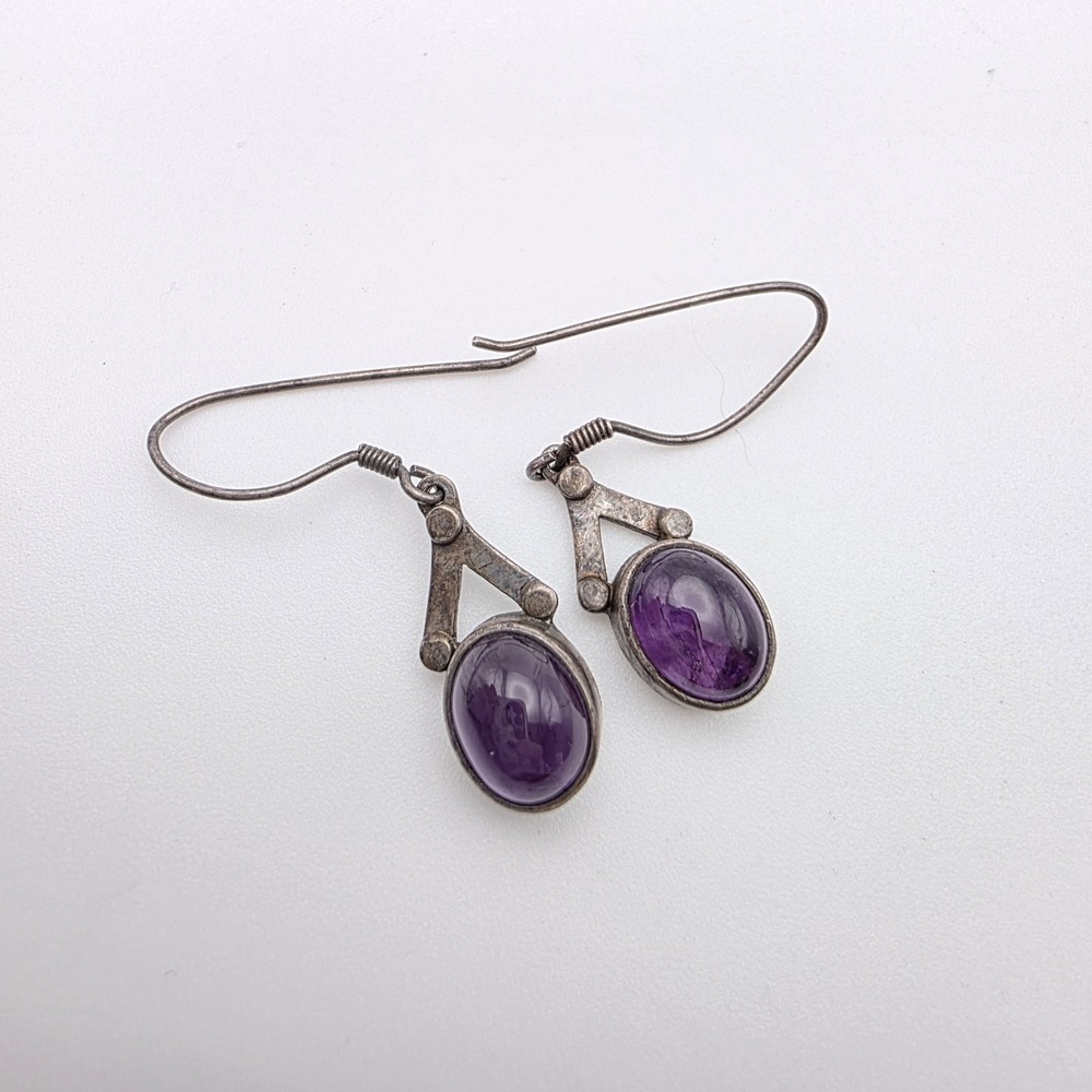 Vintage SAJEN Bali‎ Signed Earrings Amethyst 925 Sterling Silver Dangle GENUINE